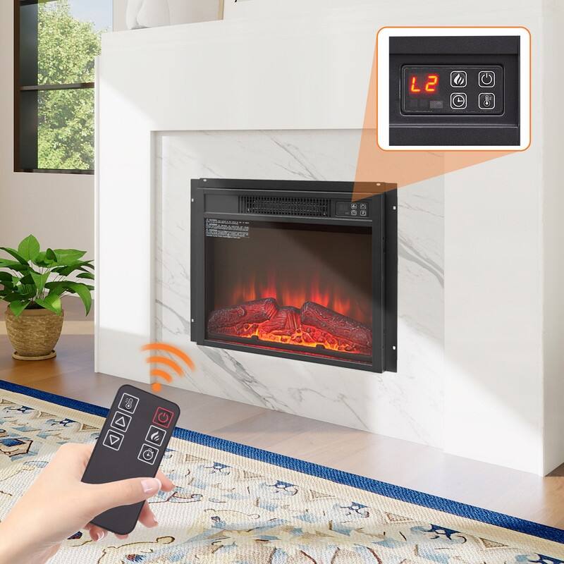 18/23 Inch Electric Fireplace Insert 3D Infrared Heater with Realistic Logs Flames Glass View IR Remote Control 1400W 120V,Black - 18inch