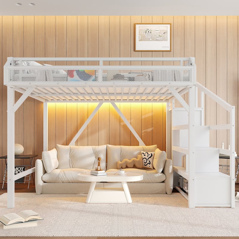 Queen/Full Metal Loft Bed with Storage Stairs, Wardrobe, USB Ports & LED Lights