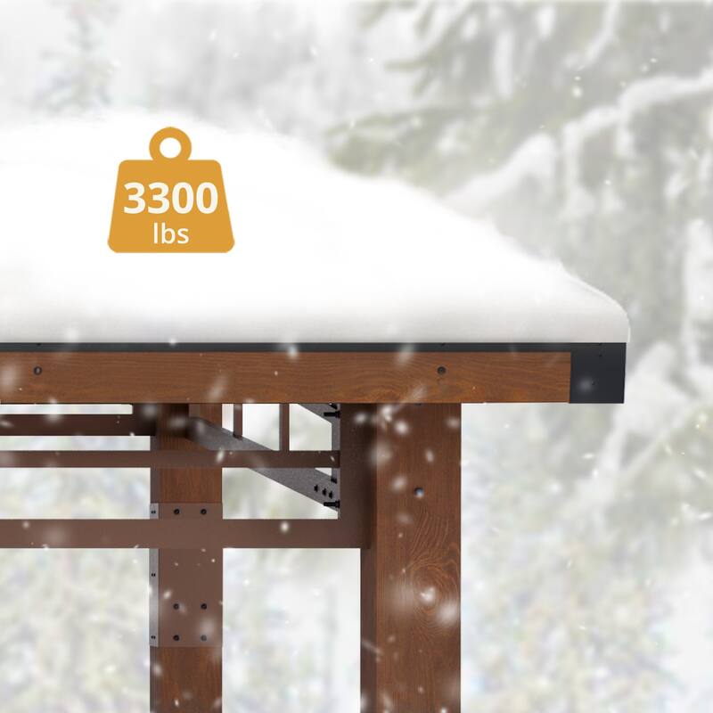 12x14 ft Outdoor Pavilion Wooden Gazebo with Hardtop Metal Roof Shelter for Patio, Backyard, Garden