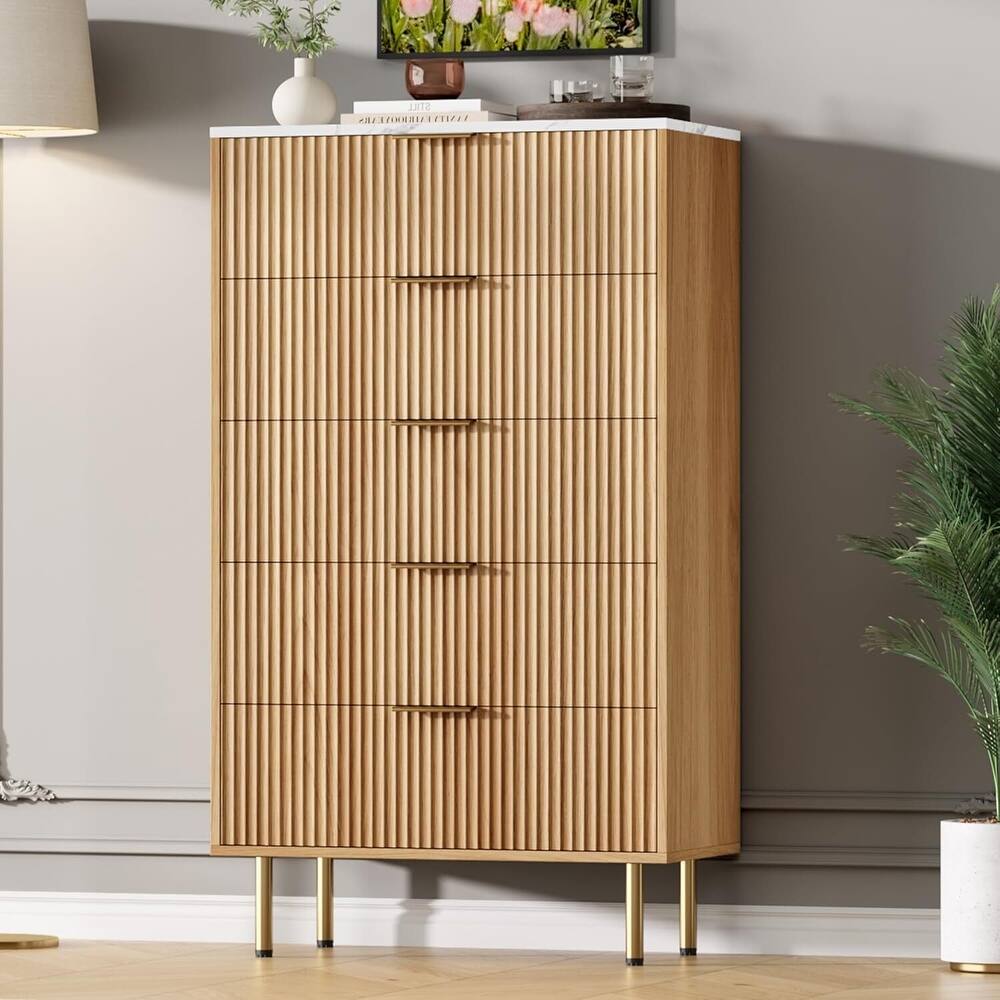 Fluted Chest 5 Drawers Dresser for Bedroom Closet Living Room Hallway