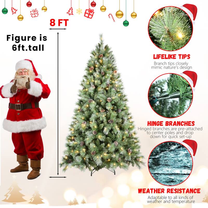 7.5FT Christmas Tree with 450 Warm White LED Lights-1588 PVC & Hard Needle Tips,92 Pine Cones, Hinged Branch Design,Metal Stand