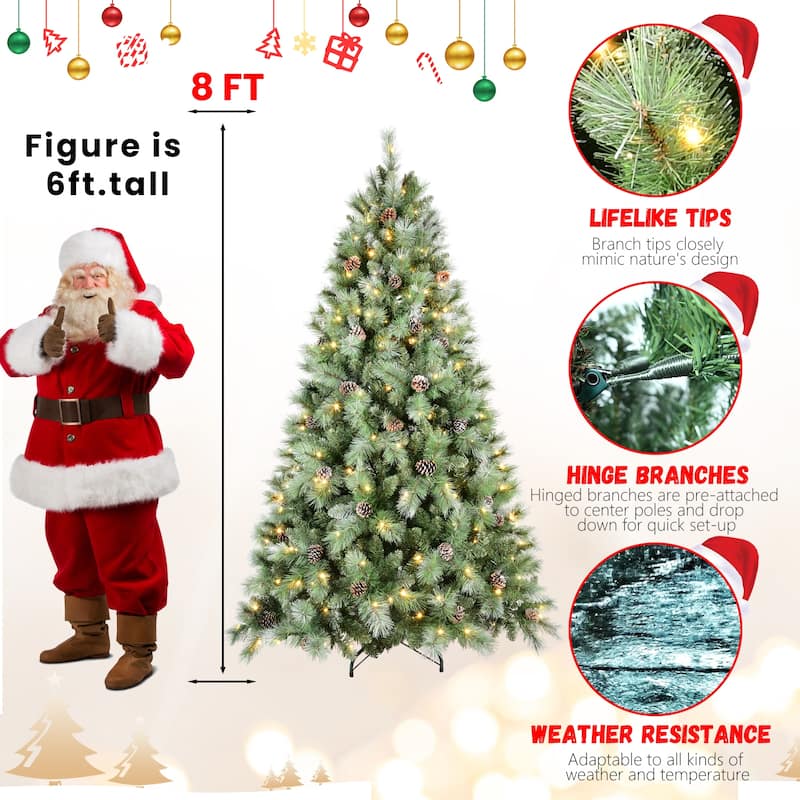 Pre-Lit Artificial Christmas Tree - Warm White LED Lights, PVC & Hard Needle Tips, Pine Cones, Metal Stand - Green