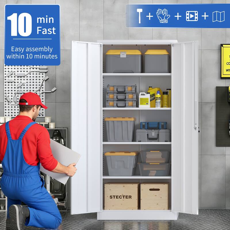 71"H Garage Storage Cabinet, Black Tool Steel Locking Cabinet with Doors and 4 Shelves, Tall Cabinets for Garage Storage Systems