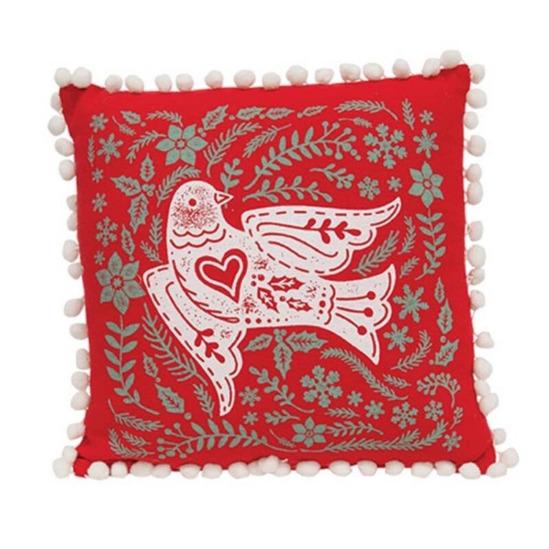 Red White Green Cotton Holiday Dove Pillow 12in Pom-Pom Trim Decor - Red-Green-White