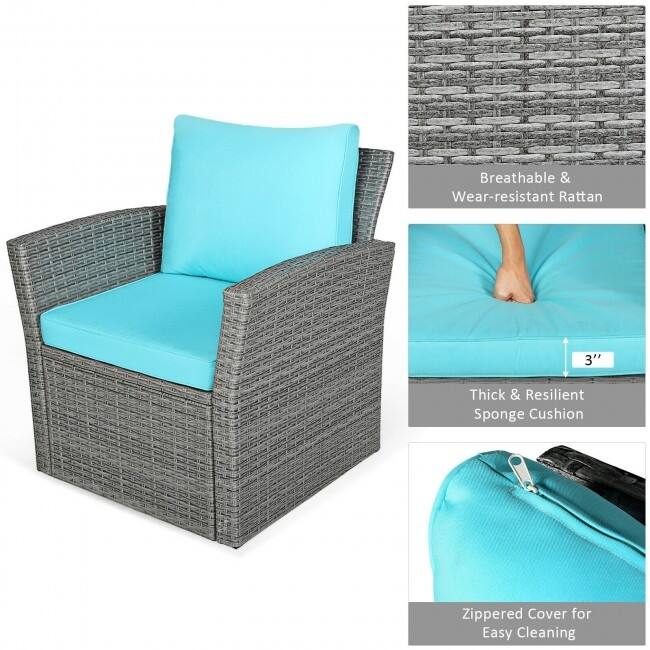 4 Pieces Patio Rattan Furniture Set Sofa Table with Storage Shelf Cushion - 48.5" x 26.5" x 30" (L x W x H)