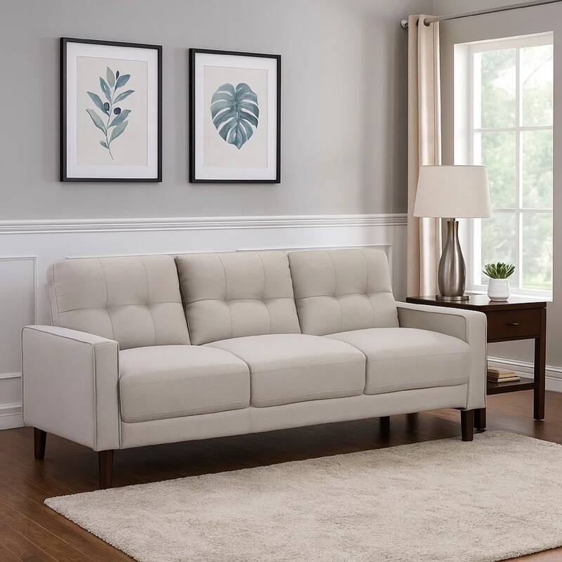 Bow 77 Inch Sofa, Grid Tufted Back, Track Arms, Self Welt Trim, Beige