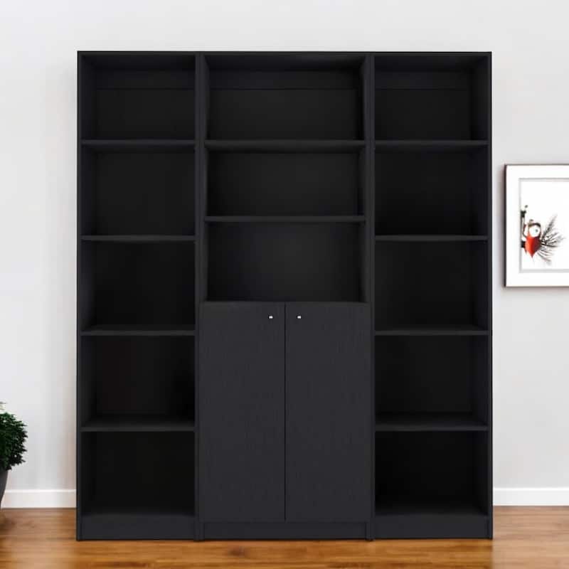 HomeRoots Set of Three Black Five Tier Bookcases with Two Doors - Black