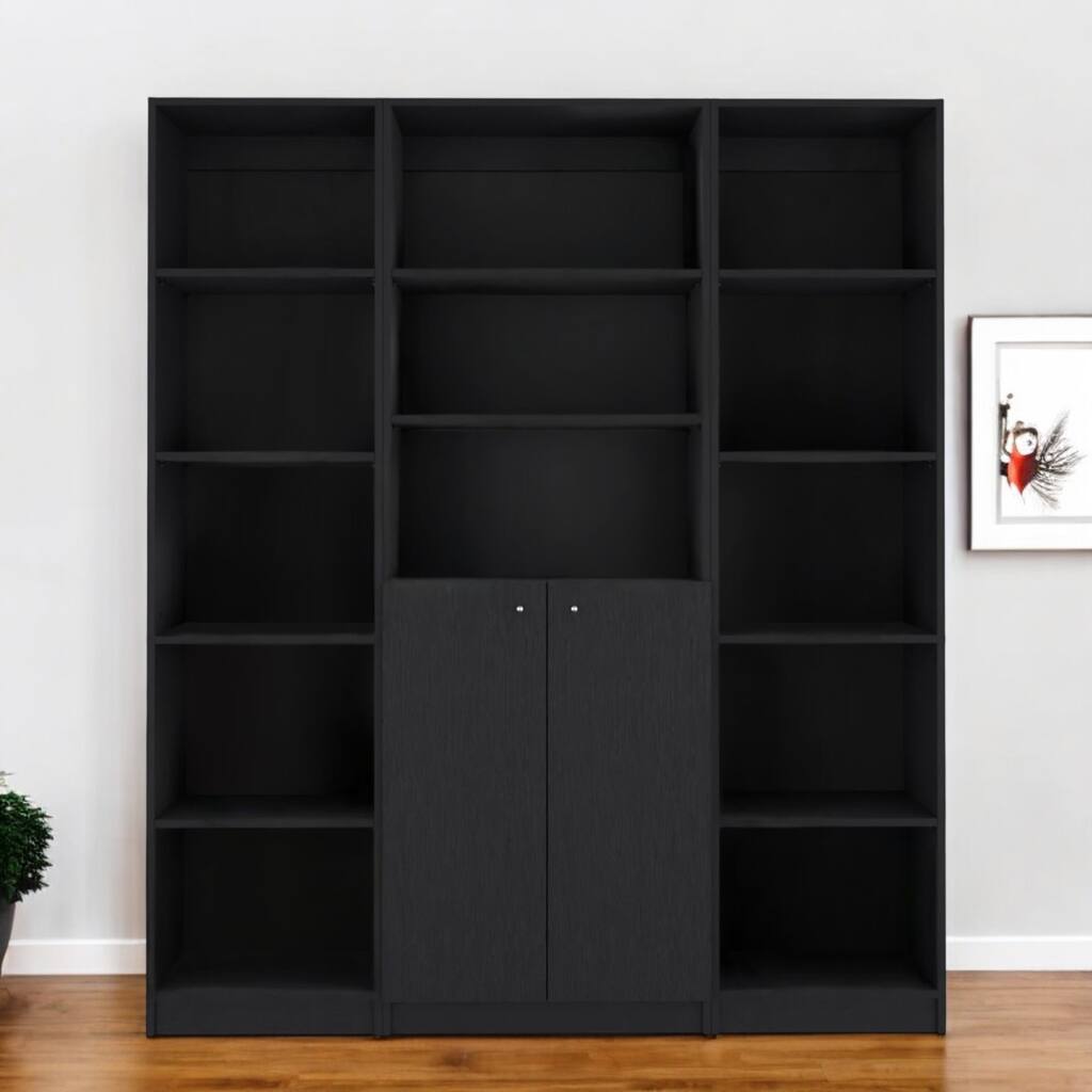 HomeRoots Set of Three Black Five Tier Bookcases with Two Doors