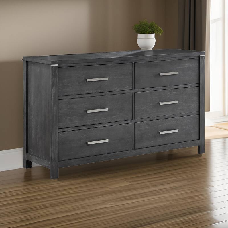 Tal 62 Inch Dresser, 6 Drawers with Chrome Handles, Charcoal Gray Finish