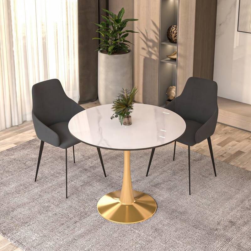 Bristol Round Dining Table 35 in. Sintered Stone Tabletop & Brushed Gold Stainless Steel Pedestal Base