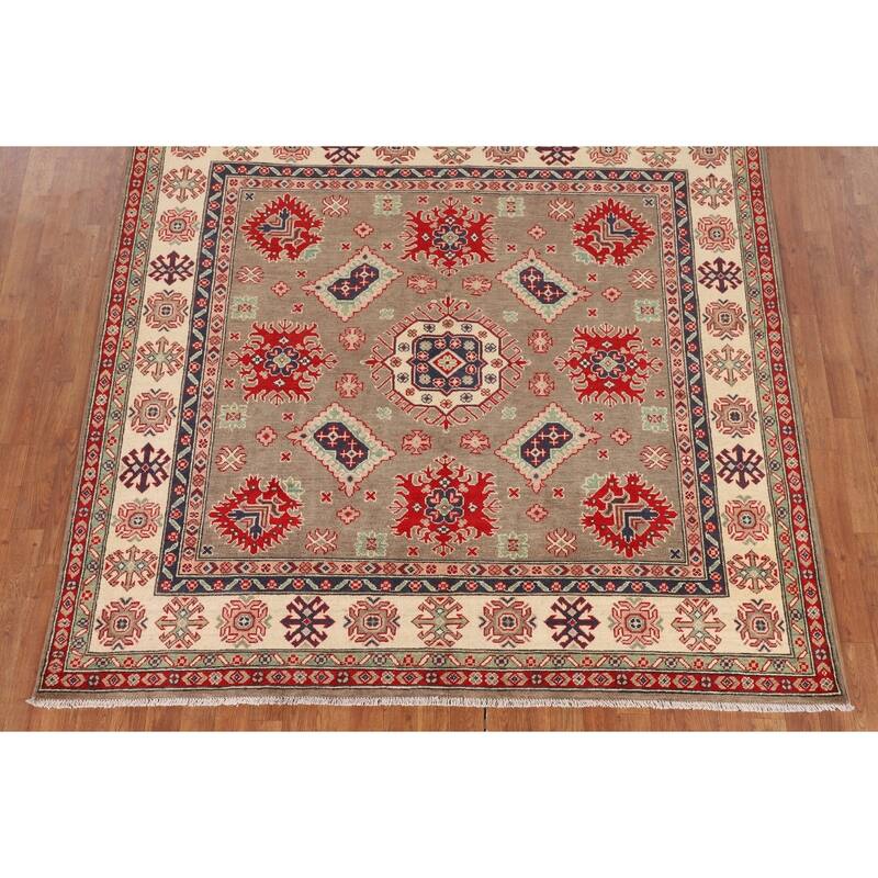 Geometric Kazak Oriental Square Area Rug Hand-Knotted Wool Carpet - 6'8" x 6'6"