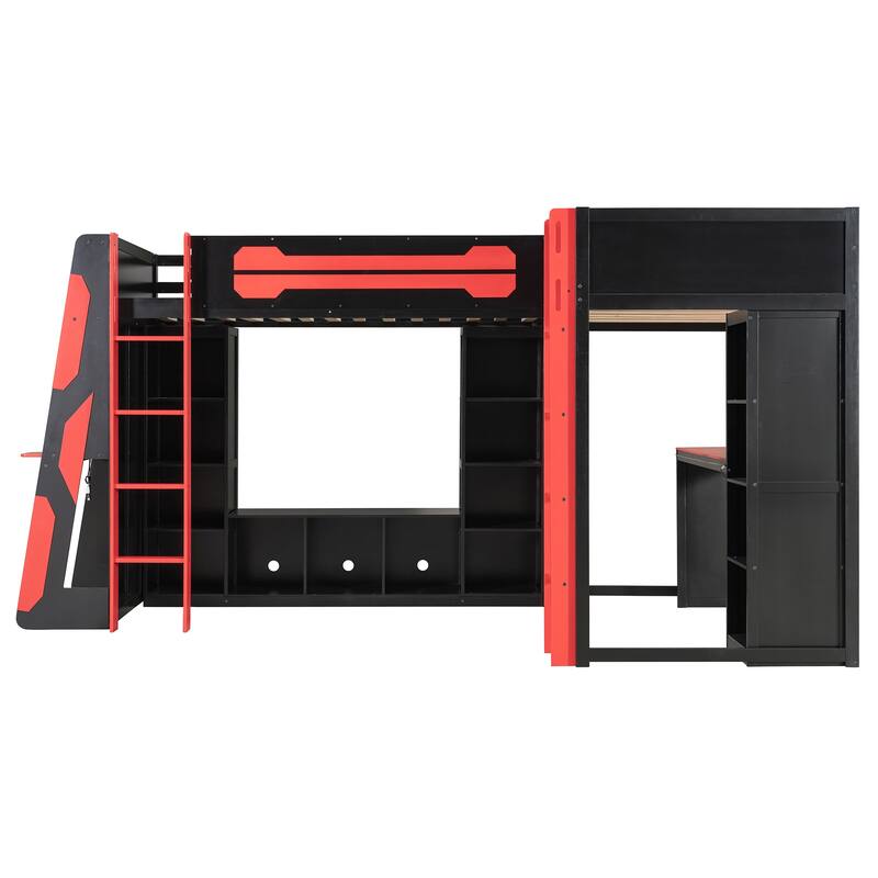 Roomfitters L-Shaped Twin Gaming Bunk Bed with RGB LED Lights, USB Ports and TV Stand