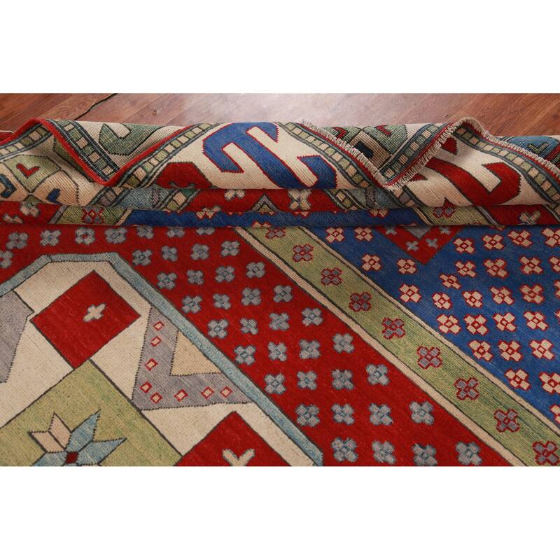 Hand Knotted Oriental 100% Wool Carpet Traditional Geometric Multi-Colored Kazak Area Rug - 11' 4'' X 8' 5''