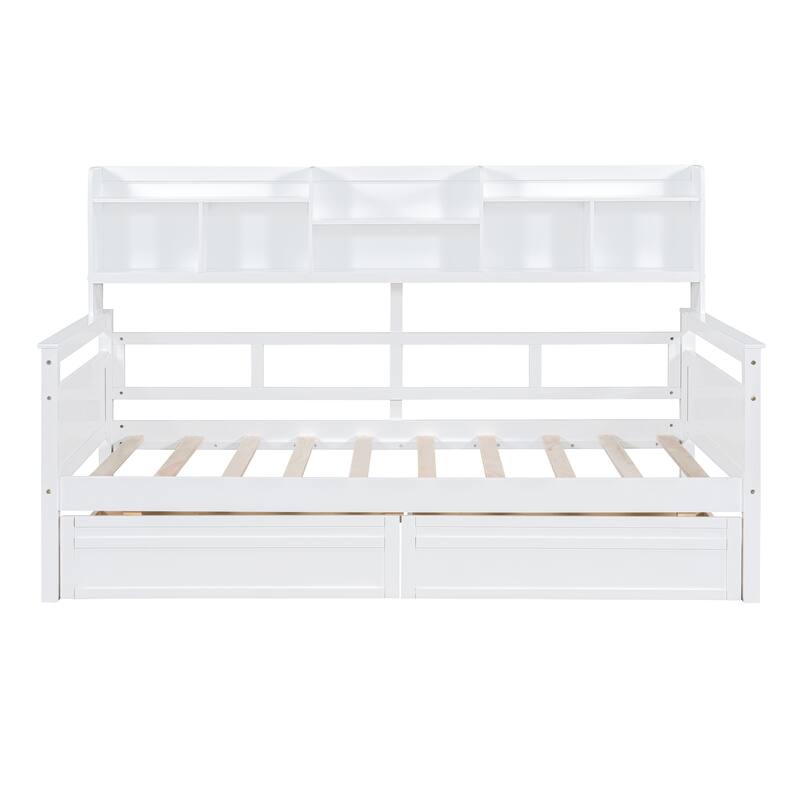 White Twin Daybed with Wood Slats, Shelves & 2 Drawers - Space-Saving Multi-Functional Furniture