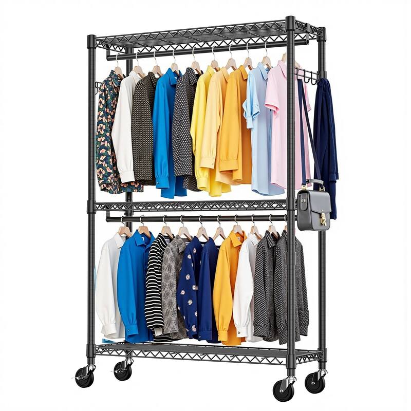 Heavy Duty Rolling Garment Rack 3 Tiers Adjustable Wire Shelving Clothes Rack with 2 Rods and Side Hooks