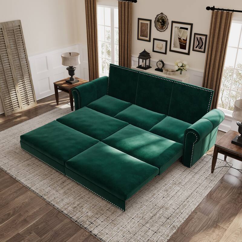 93.7" 3-in-1 Velvet Convertible Sleeper Sofa Pull Out Sofa Bed with Rolled Arm