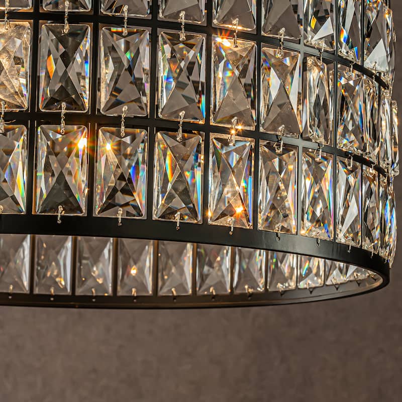 CraftHome 20'' Modern Crystal Chandelier Matte Black Finish 6-Light Round Drum Pendant Light Fixture for Dining Room Kitchen