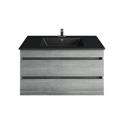 Gray Modern Wall Mounted 32" Vanity With Black Engineered Stone Sink