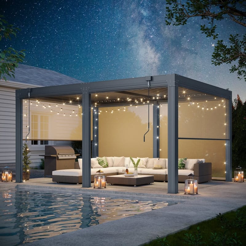 EROMMY Outdoor Louvered Pergola Gazebo with Adjustable Aluminum Rainproof Roof and Pull-Down Screen