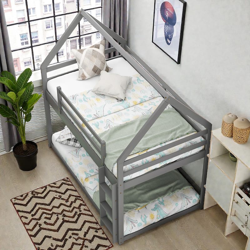 Twin over Twin Low Bunk Bed House Frame with Ladder, Kids Wooden Bunk Bed, Pine Wood and MDF, No Box Spring