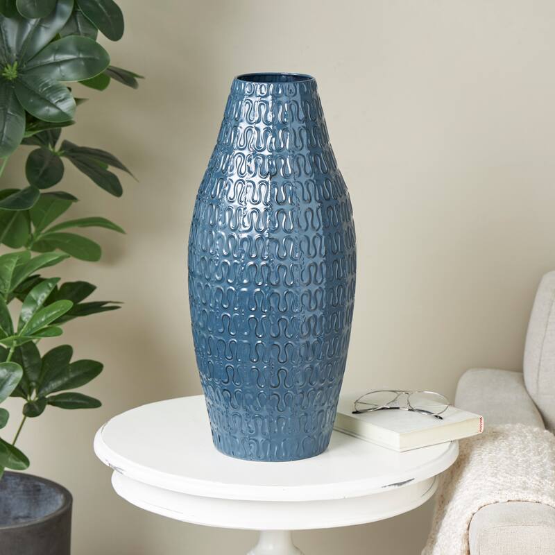 Dark Blue Metal Dimensional Textured Decorative Vase with Wavy Pattern - Dark Blue