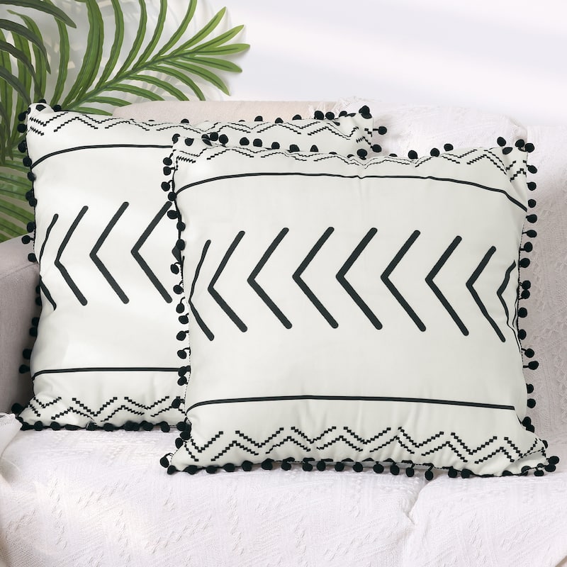 2Pcs Pompoms Throw Pillow Covers w Geometric Line Pattern Pillow Cases - Geometry-2