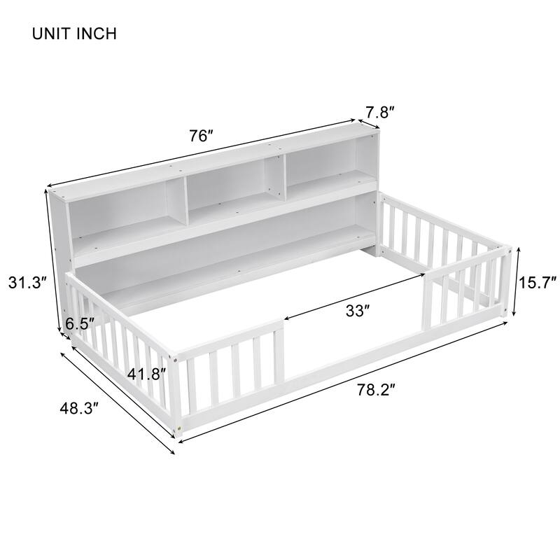 Twin Floor Bed with Bedside Bookcase, Shelves, and Guardrails in White