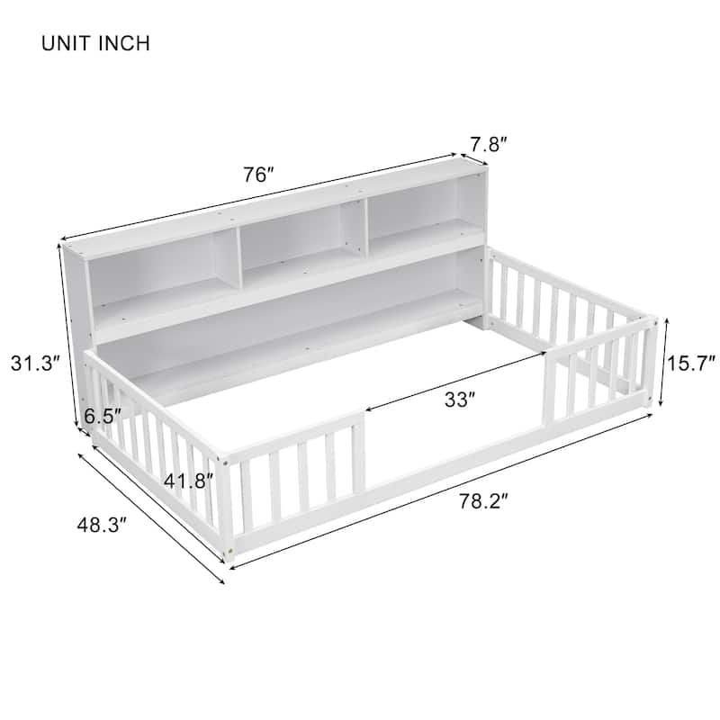 Twin/Full Size Wooden Floor Bed with Bedside Bookcase and Shelves, Low Platform Bed with Guardrails