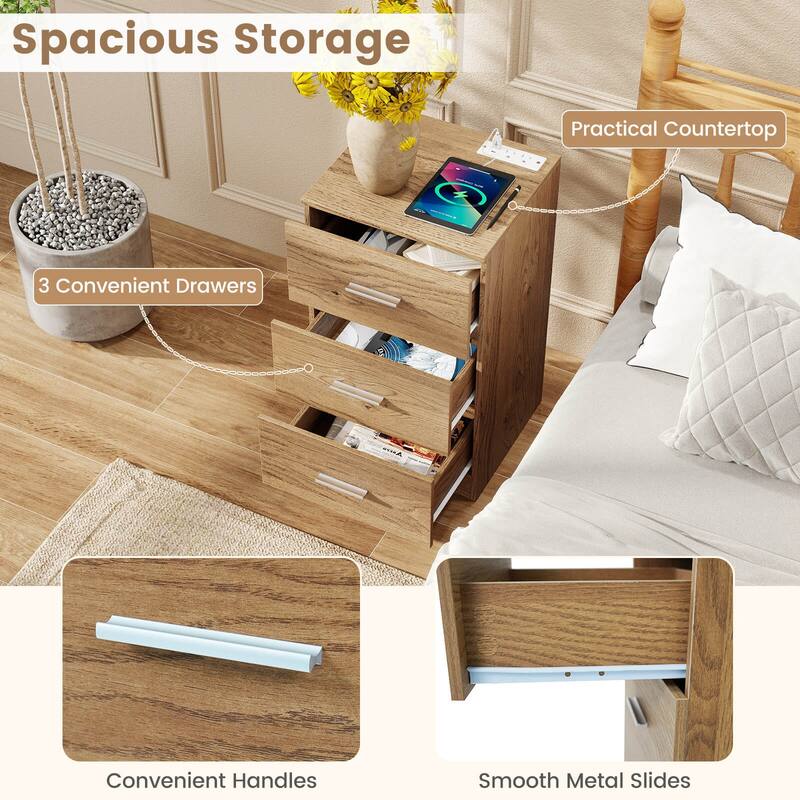 Costway 1/2 PCS Nightstand with Charging Station, 3 Storage Drawers