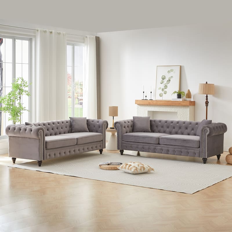 3+3 Seat Velvet Deep Seat Sofas Set, Classic Chesterfield Couches with Nailheads Accent, Removable Cushions and Pillows - Grey
