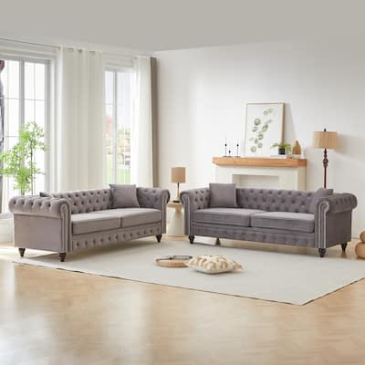 3+3 Seat Velvet Deep Seat Sofas Set, Classic Chesterfield Couches with Nailheads Accent, Removable Cushions and Pillows