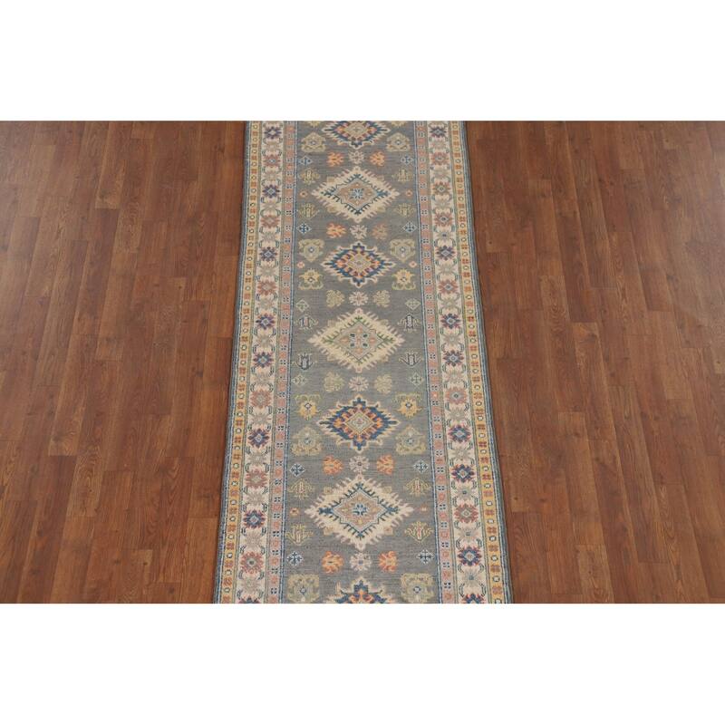 Gray Kazak Runner Rug Hand-Knotted Wool Carpet - 2'7" x 9'7"