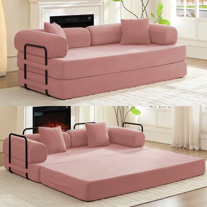 Mixoy Convertible Pull Out Sleeper Sofa Bed with Movable armrest,Folding Mattress Couch,Removable Washable Floor Sofa Bed - 78.7"L x 37.8"W x 30.3"H - PINK