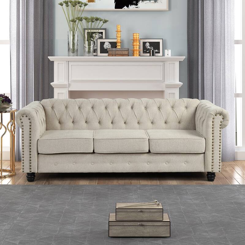 Morden Fort Button Tufted Upholstered Chesterfield Sofa Set Chair and Sofa,2 PCS for Living Room,Linen,Solid Wood Legs