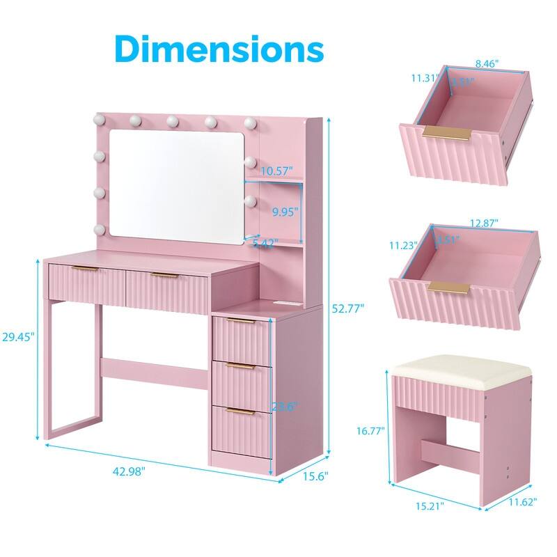 Particle Board Veneered with Textured Melamine, 5-drawer 2-Shelf, comes with 11 Three-color Dimmable Bulbs, Dressing Table Set