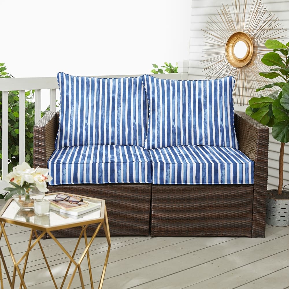 Sorra Home Blue and White Stripe Indoor/Outdoor Deep Seating Loveseat Pillow and Cushion Set