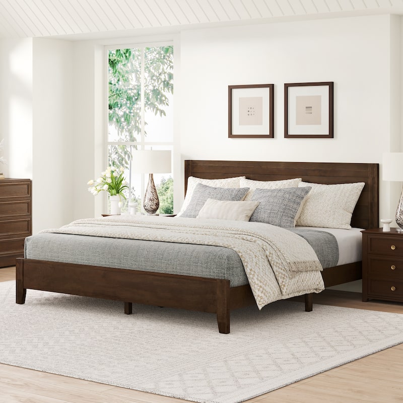 Mid-Century Modern Solid Wood Platform Bed with Headboard Queen/King/Full Size - Dark Walnut/King - King