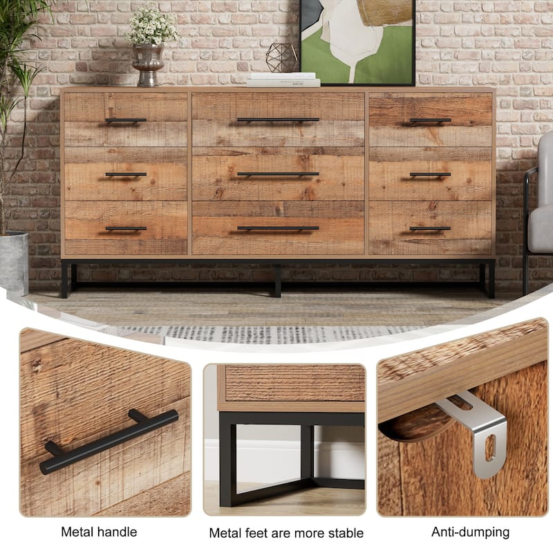 Vintage 9-Drawer Dresser 63" Wide Wood Rustic Chest of Drawers