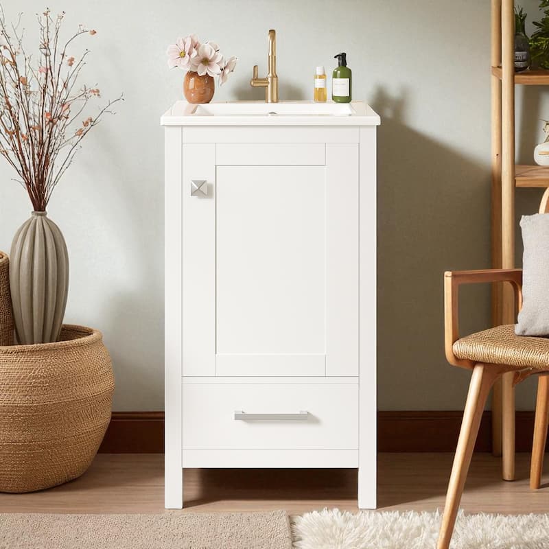 18" Small Bathroom Vanity with Ceramic Sink, Freestanding Storage Cabinet with Soft Close Drawer and Door, Adjustable Shelf - White