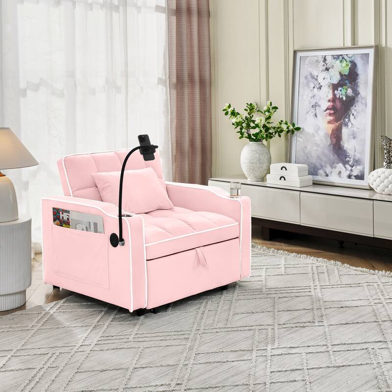 Anmytek 3-in-1 Convertible Sleeper Chair Sofa Bed with Multi-Pockets - Folding Sofa Bed - Pink