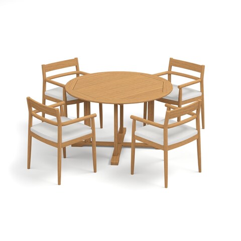 Oxford 5-Piece 48" Teak Round Dining Table and Lido Armchairs Set - Teak - Sunbrella Bliss Linen Cushions
