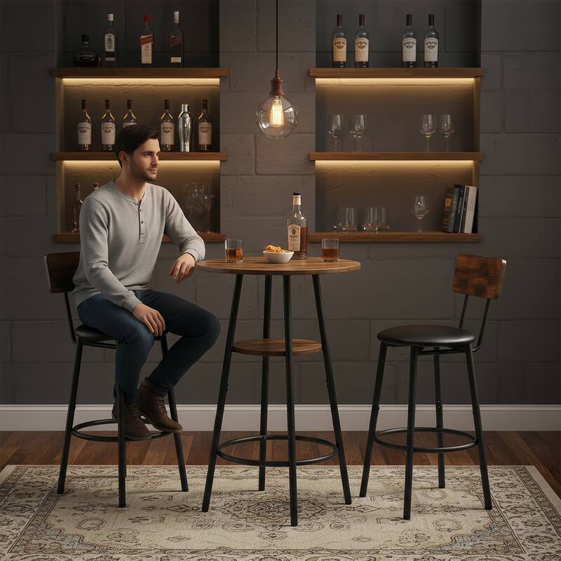 3 Pieces Round Bar Table and Chairs Set, Small Dining Table for 2 with 2-Tier Storage & 2 PU Upholstered Bar Stools