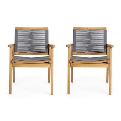 Outdoor Dining Chair Set of 2, 35 Inch Gray Woven, Brown Acacia Wood