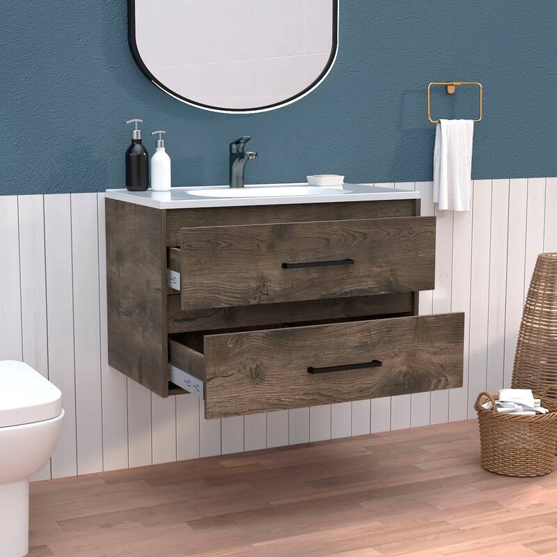 Vanity Bathroom Unit with Dual Drawer Storage, Dark Brown & White, 20.4" Height for Bathroom Organization
