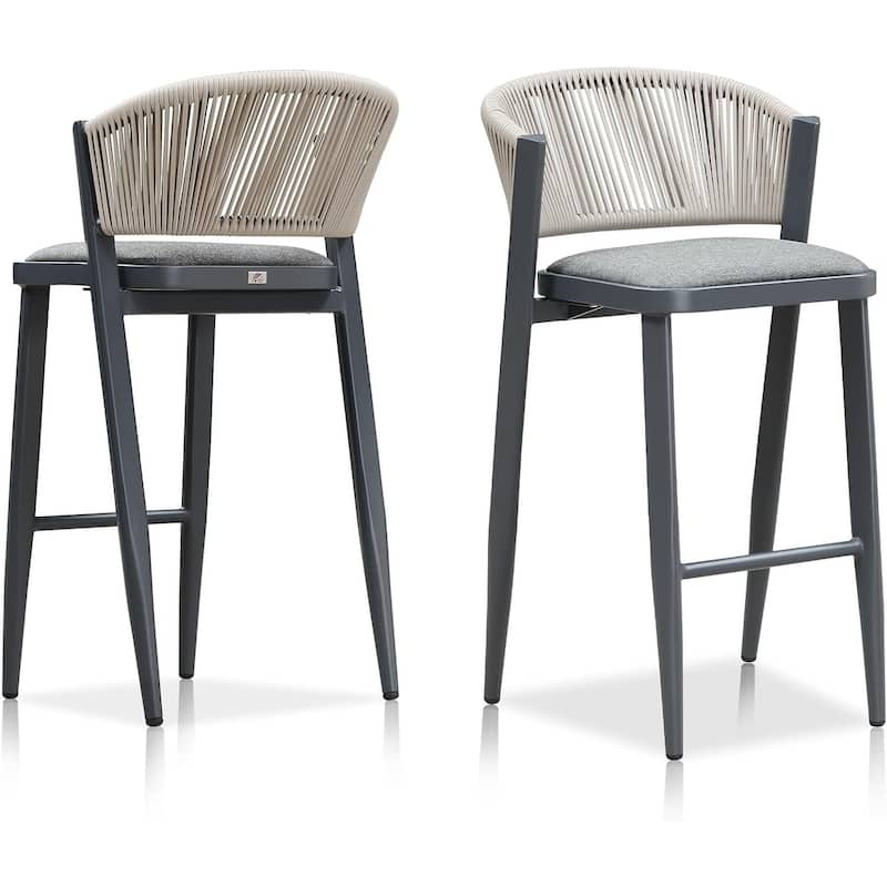 PURPLE LEAF Bar Stool Set of 2 Outdoor Rattan Bar Chair with Back Metal Bar Height Stool Wicker Barstool Dark Grey - N/A - BarHeight-Drey