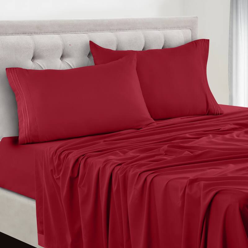 6 Piece Bed Sheet Set Deep Pocket Ultra Soft Microfiber Bedding Sheets - King - Burgundy