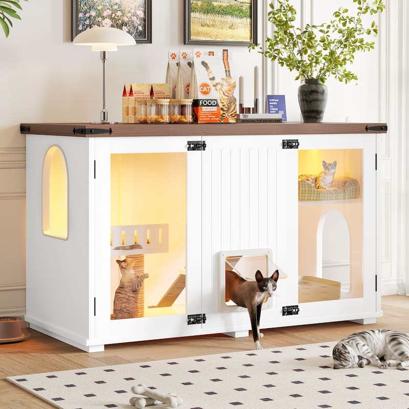 47.25" Large Cat Litter Box Enclosure with LED Light, Hidden Litter Box Furniture, Cat House with Stairs and Cat Scratching Post - White