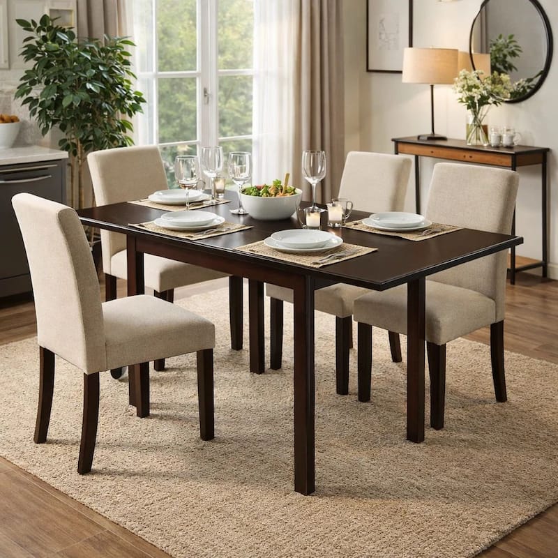 52 Inch Drop Leaf Dining Table, Block Legs, Dark Cappuccino Brown Wood