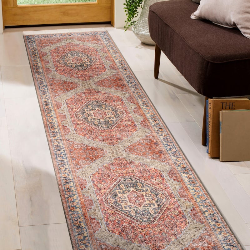 Beige Medallion Flat Pile Washable Rug - Pet Friendly, Non-Slip for Entryway and Bedroom - Red - 2'6" x 6'