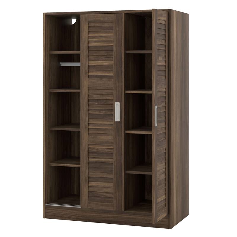 Tall Shutter Armoire Cabinet for Bedroom, Sliding Barn Door Wardrobe with Storage Shelves and Hanging Clothes Rod